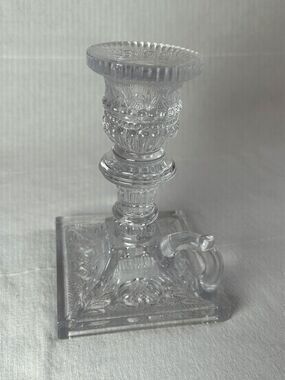 Viking Glass Candlesticks w/ Loop Holder Set of Two 4" Square Lacy Intricate